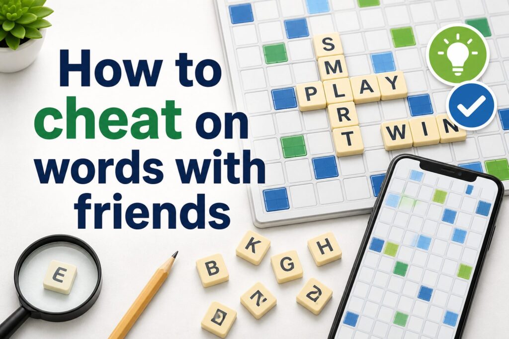 Phone showing a word game board with letter tiles and a strategy notebook nearby